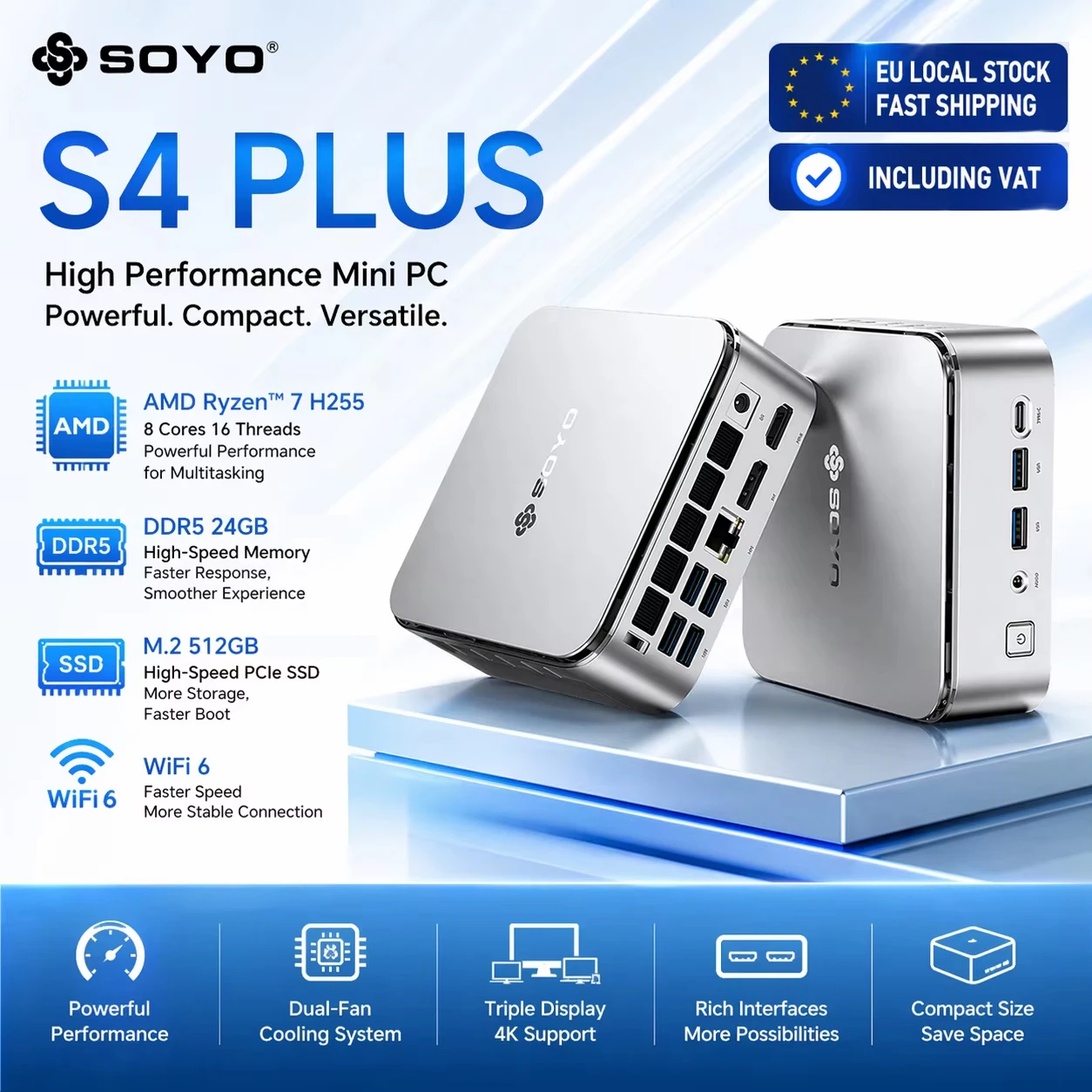 SOYO S4 Plus Mini-PC AMD Ryzen 7 H255 CPU 24G DDR5 512GB SSD PCIE3.0 M.2 NVME WIFI6 BT5.2 4K@120Hz Mini-Computer, geeignet für Gaming, Büro und Heimgebrauch.