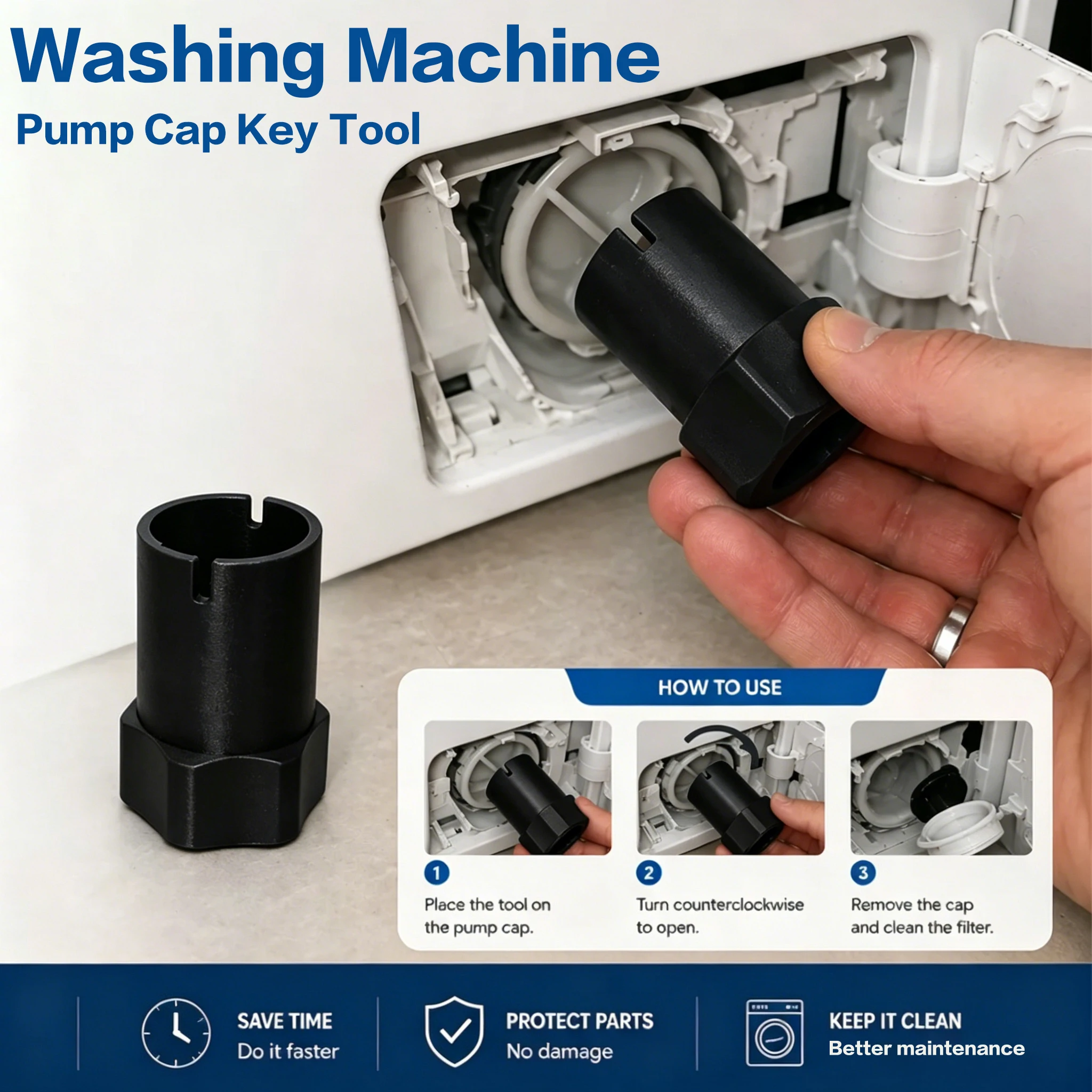 Washing Machine Drain Pump Filter Cover Opening Tool, Washing Machine Drain Port Opener, Ergonomic Grip, Washing Machine Drain Pump Filter Tool with Ergonomic Handle and Easy-Open Wrench, Suitable for