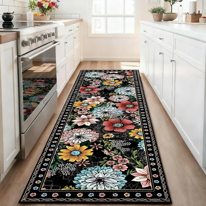 Retro-Blumen-Läufer, bunter Blumenmuster-Teppich, weicher, rutschfester Heimdekor-Bodenbelag für Wohnzimmer, Schlafzimmer, Küche