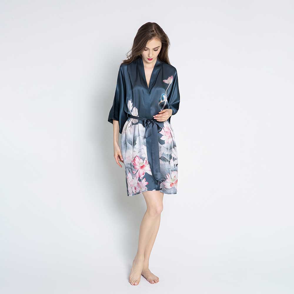100% Silk Lotus Kimono Robe - Short | KIM+ONO - night shadow (final sale) / one size
