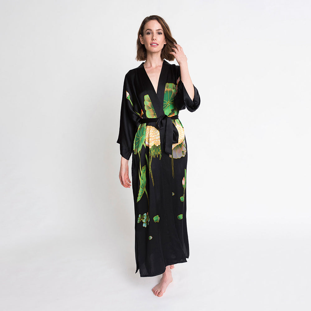 Hand-Painted Crane Long Silk Kimono Robe | KIM+ONO - black (final sale) / one size
