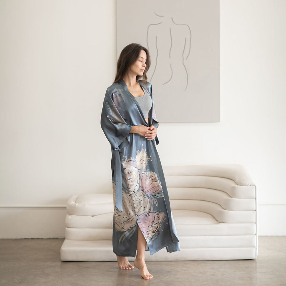 Jia Washable Silk Long Lightweight Kimono Robe | KIM+ONO - grey (final sale) / one size