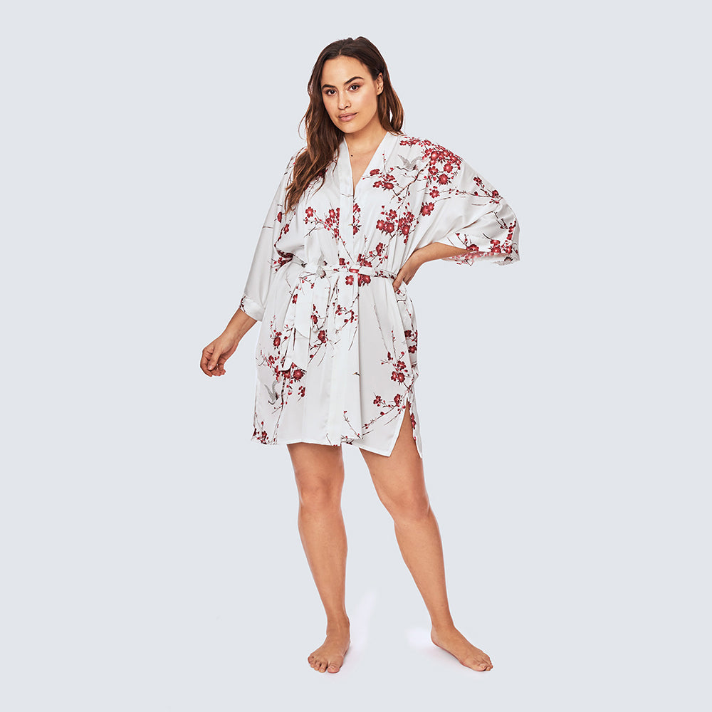 Plus Size Japanese Cherry Blossom & Crane Kimono - Short - white (final sale) / plus size
