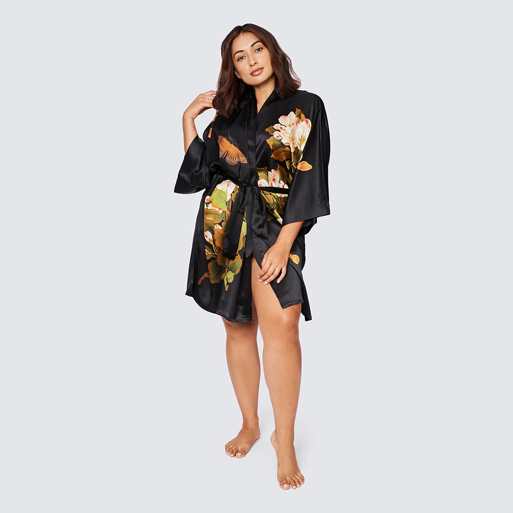 Plus Size Washable Silk Peony & Butterfly Kimono Robe - Short - black (final sale) / plus size