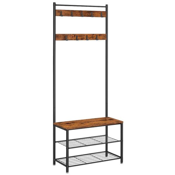 VASAGLE Garderobenbank mit Haken und Schuhrost 70/32/177 cm Braun, 70x177x32 cm