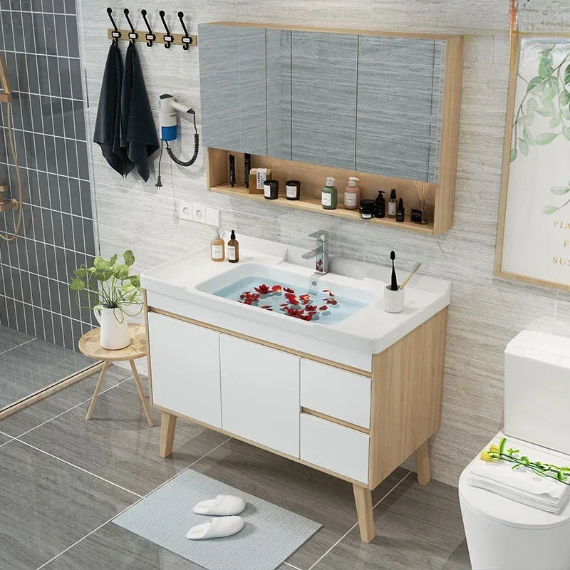Armoire de salle de bain nordique multicouche en bois massif, lavabo mural en céramique, armoires de vanité de salle de bains sous évier, meubles de salle de bains