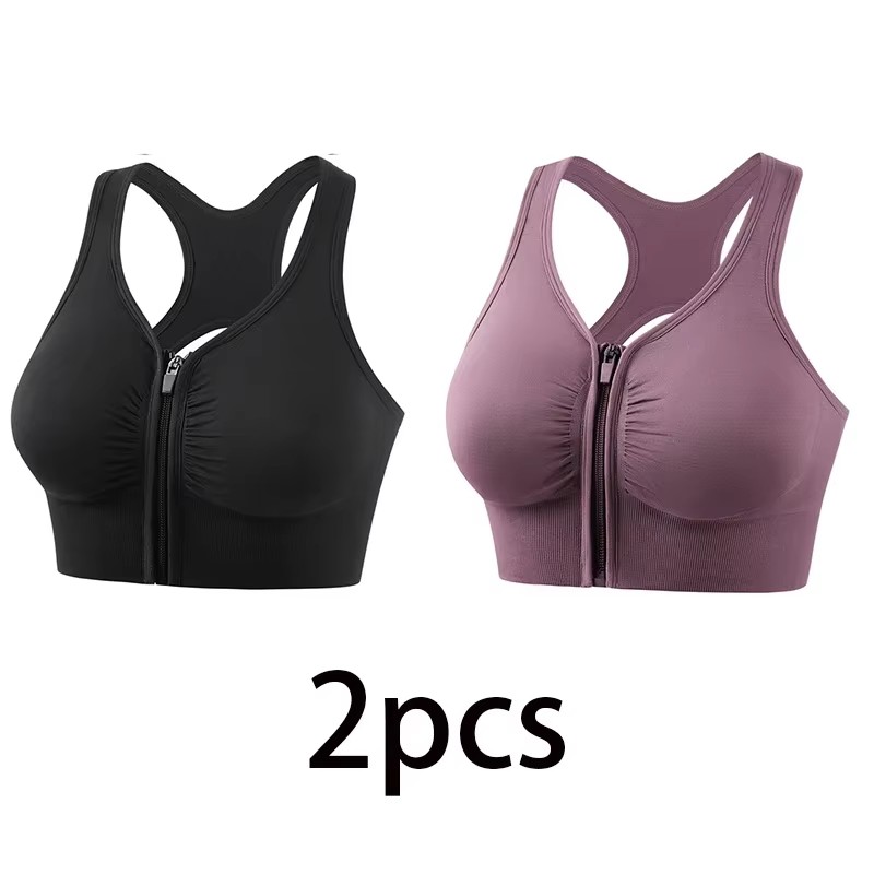 Front Zipper Sports Bra For Women Breathable High Impact Workout & Yoga Fitness Bra black purple l