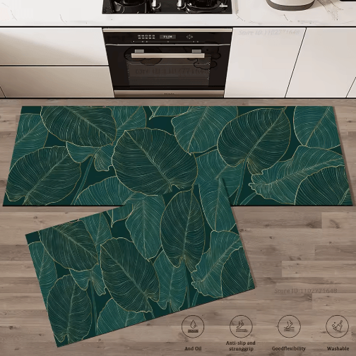 Green Leaves Absorbent Kitchen Floor Mat Non Slip Washable Rug For Kitchen, Bathroom & Entryway 2 50x80cm And 50x160cm