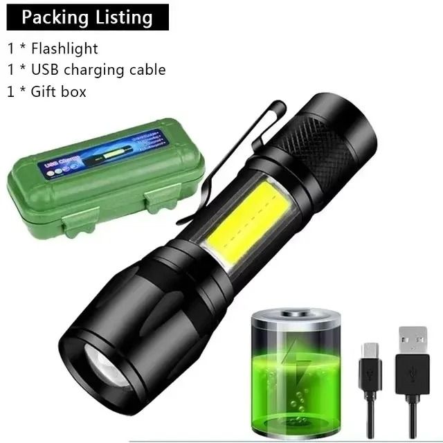 Zoomable Mini Tactical Flashlight And COB Camping Lantern 1 Pc With Box