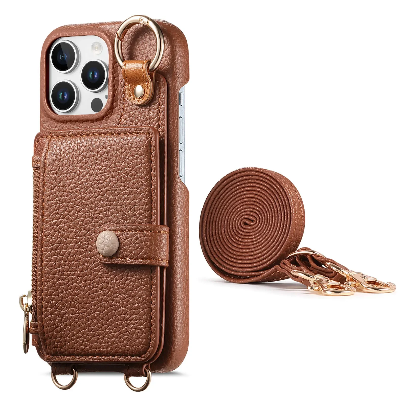 Étui portefeuille en cuir avec fermeture éclair à bandoulière pour iPhone, porte-anneau à longue lanière, couverture miroir, cartes Solt, iPhone 16 Pro Max, iPhone 15 Plus, iPhone 14, iPhone 13,