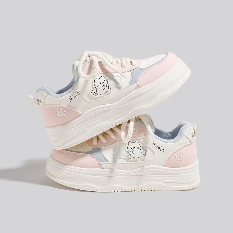 Rosa Plateau-Skateschuhe mit Katzenpfotenmuster für Damen, niedliche Kätzchenpfoten-Sneaker, Damen-Schnürschuhe mit Stickerei, Geschenk für junge Mädchen