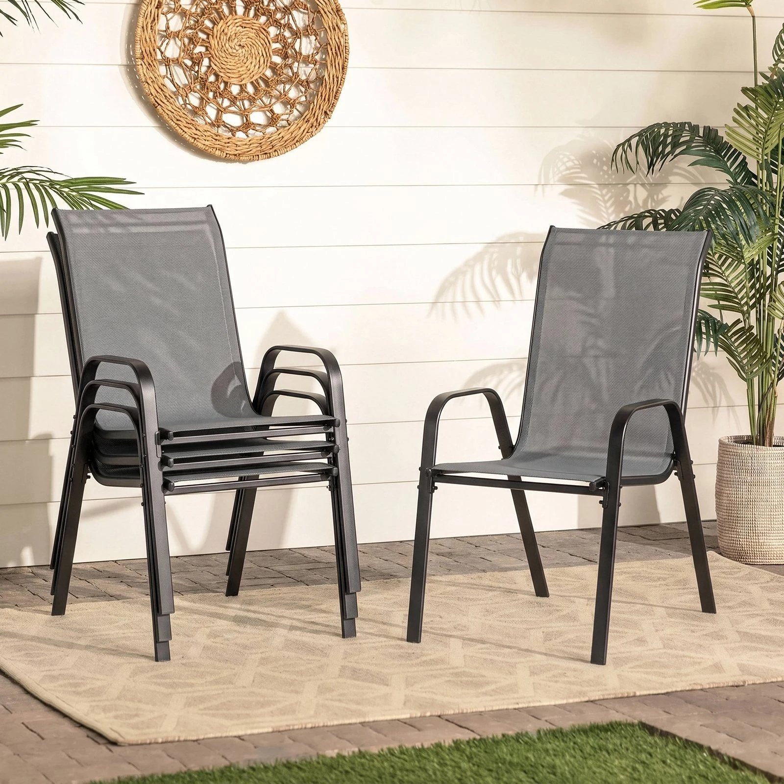 4pcs Gartenstühle Stapelstuhl,Camping Stapelbar Hochlehner Terrassenstuhl,Textilene,Metallgestell,150 kg Belastbar,54x69x93cm,für Gärten,Innenhöfe,Balkone,Restaurant