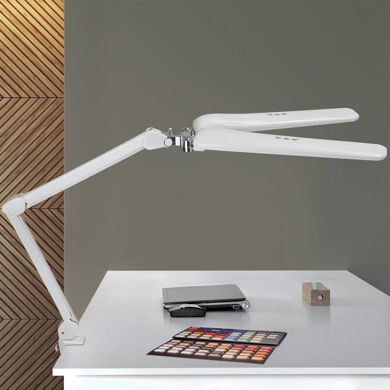 Maul Lampada con morsetto MAULcraft duo, dimmerabile, Bianco / Opale, Studio / Ufficio, Plastica, Moderno, Lampada con morsetto