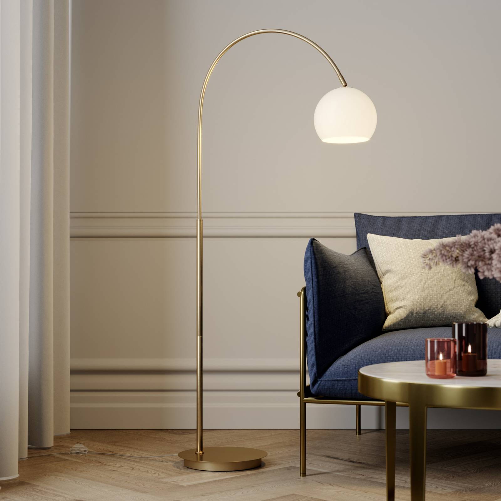 Lampada ad arco Cynthia Lindby, Ottone / Oro, Soggiorno / Sala da pranzo, Vetro, Moderno, Lampada da terra