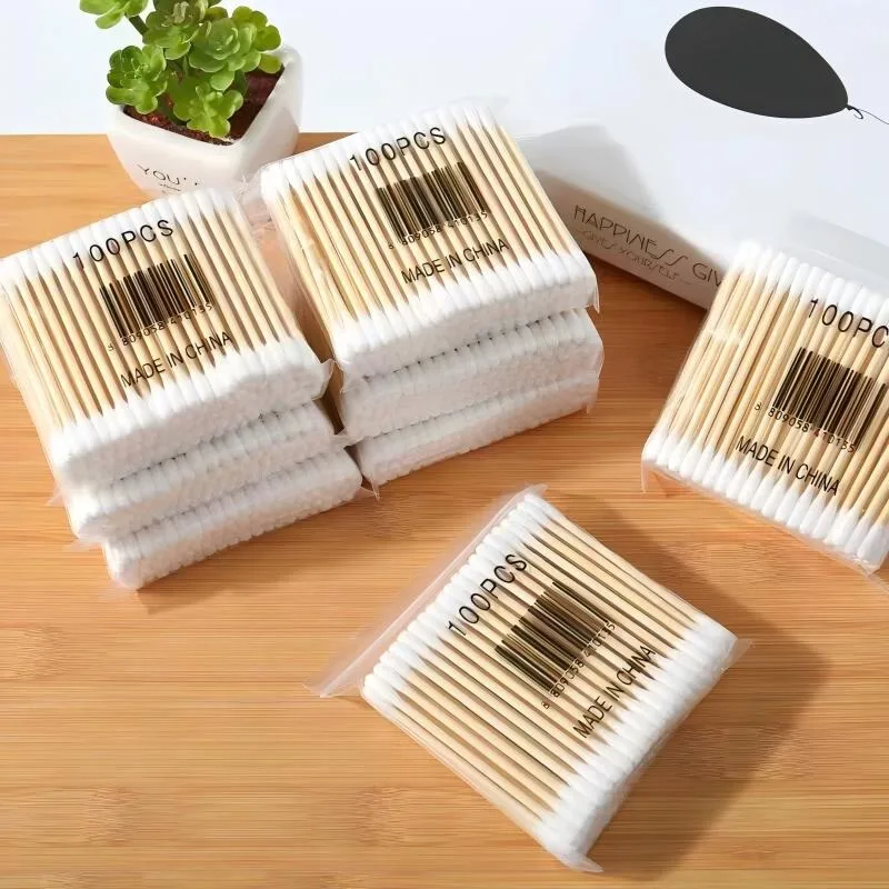 100/300/500 Stück Reinigungs- und Hygiene-Wattestäbchen für Kosmetik und Schönheit, Ohrreinigung, Doppelrundköpfige Bambus- und Holzstäbchen