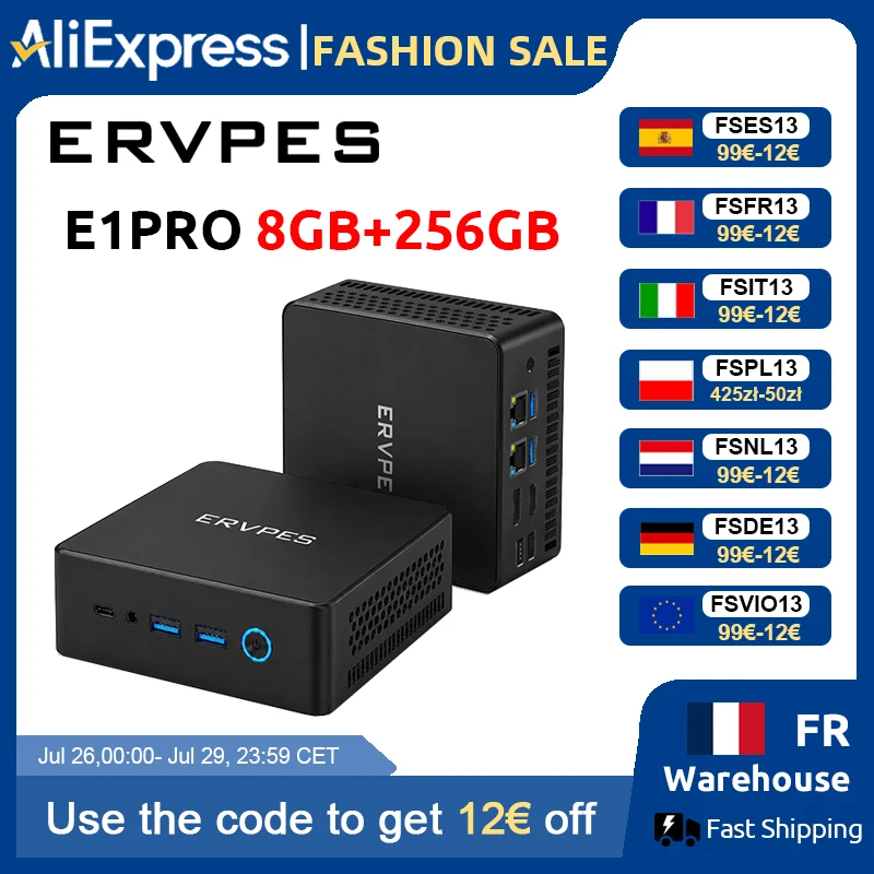 ERVPES E1PRO Mini-PC 8GB LPDDR4 256GB SSD Intel N4505 Windows 11 Pro Dual-Band WLAN BT5.0 Büro-Desktop Mini-Computer