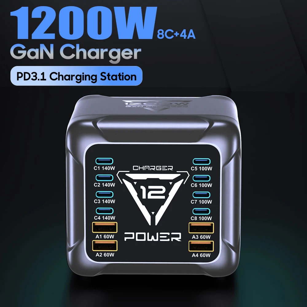 1200W GaN USB Typ-C Ladegerät 140W 100W PD3.1 PPS QC4.0 Schnellladestation für MacBook Laptop iPad Tablet iPhone 17 16 Samsung