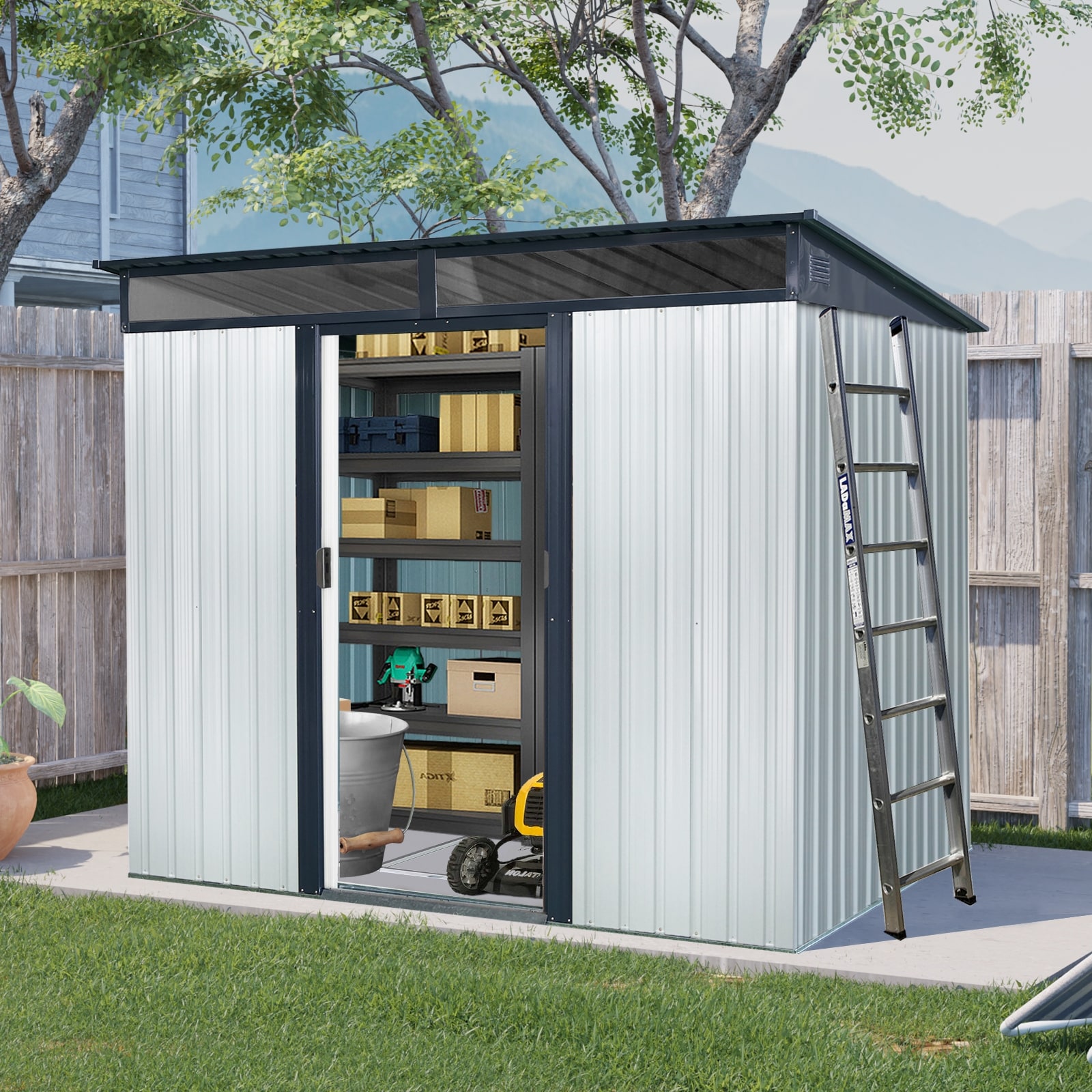 8ft x 6ft Outdoor Metal Storage with Lockable Sliding Doors and Transparent plate for Garden, Lawn