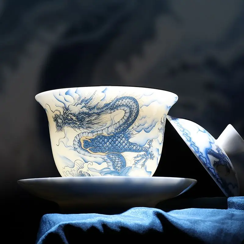 Suet Jade White Porcelain Three Talents Cover Bowl Qinglong Pattern Anti-Scalding Kung Fu Tea Set Household Large Tea Bowl