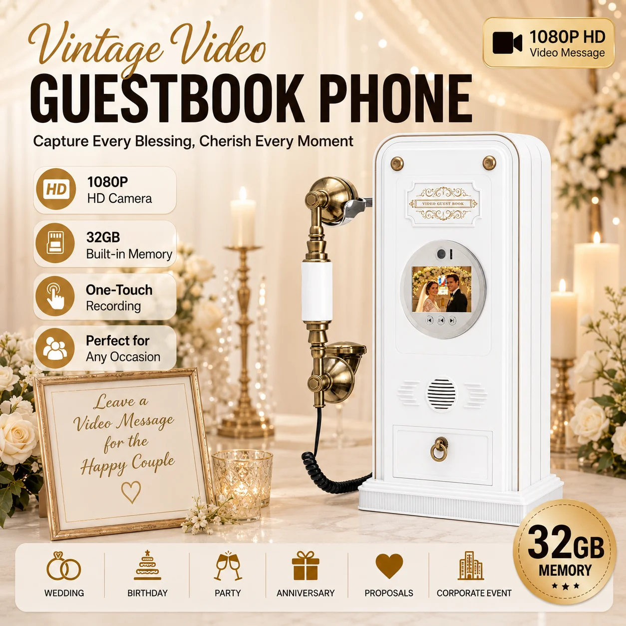 Telephone Audio Vintage Guest Book Wedding Video Guestbook Recorder 1080P HD 32GB Memory Event Birthday Party Keepsake Gift Boxs
