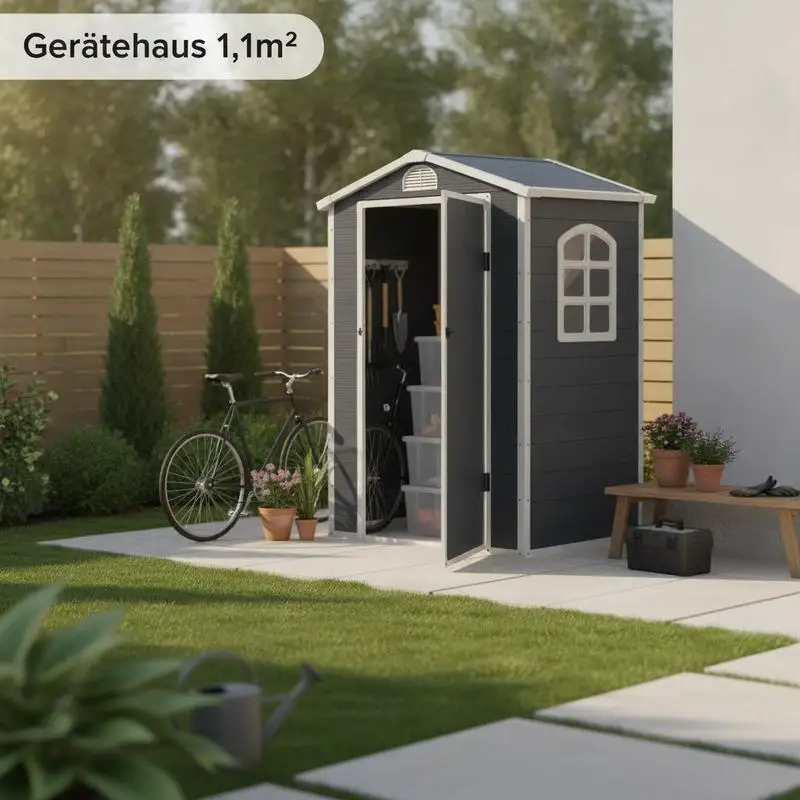 Abri de jardin 1,1 m², abri à outils avec toit en pente, 134 x 104 x 204 cm, abri de jardin en plastique avec porte verrouillable, ouverture de ventilation et fenêtre, abri de jardin gris foncé