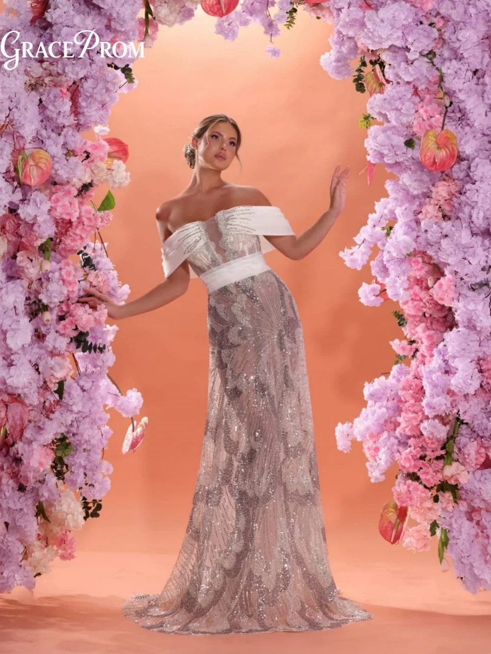 Elegant Off Shoulder Silver Nude Gown White Satin Mesh Sheer Floor Length Evening Gown Party Dress For Wedding Guest فساتين سهرة