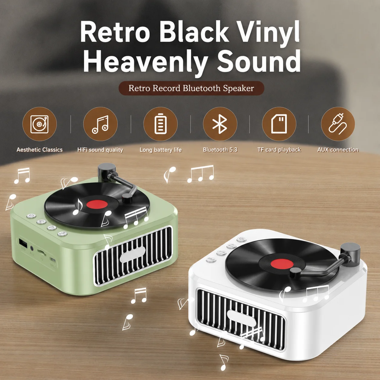 Mini haut-parleur sans fil, tourne-disque vinyle 360 ° Enceinte Bluetooth portable de bureau rétro avec interface USB et son Hifi immersif pour l