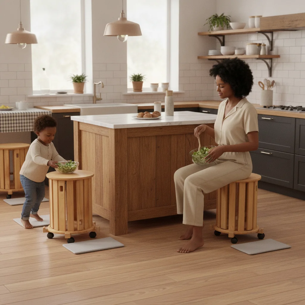4-in-1 Stapelbare Holzhocker mit Rollen und Fußpolstern, platzsparend, einfache Mobilität und Stabilität für Zuhause und Küche