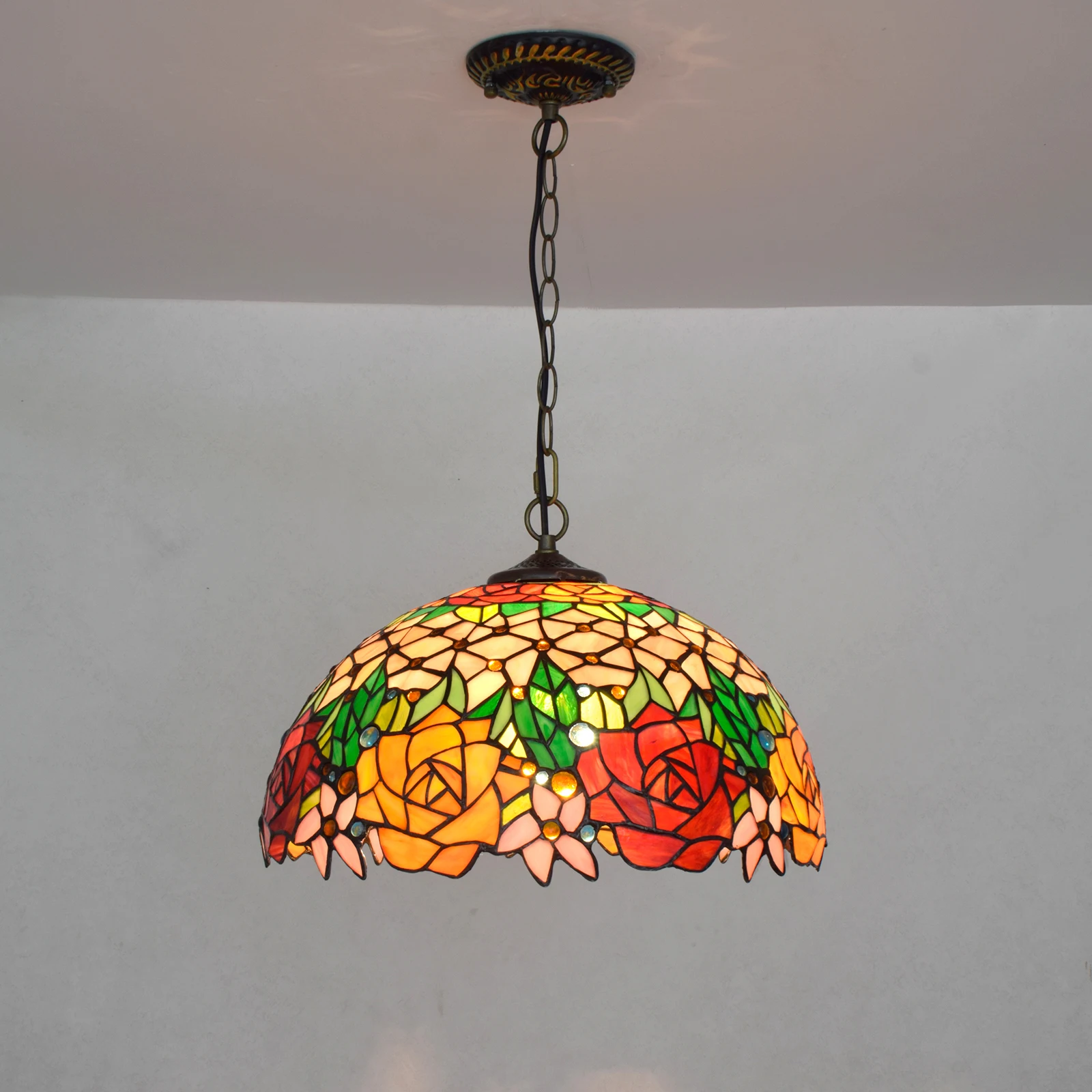 16 Zoll 40cm Rosen-LED-Leuchten für Hotel-Kronleuchter Pendellampen Buntglas Retro Barock Tiffany Luxus-Kronleuchter