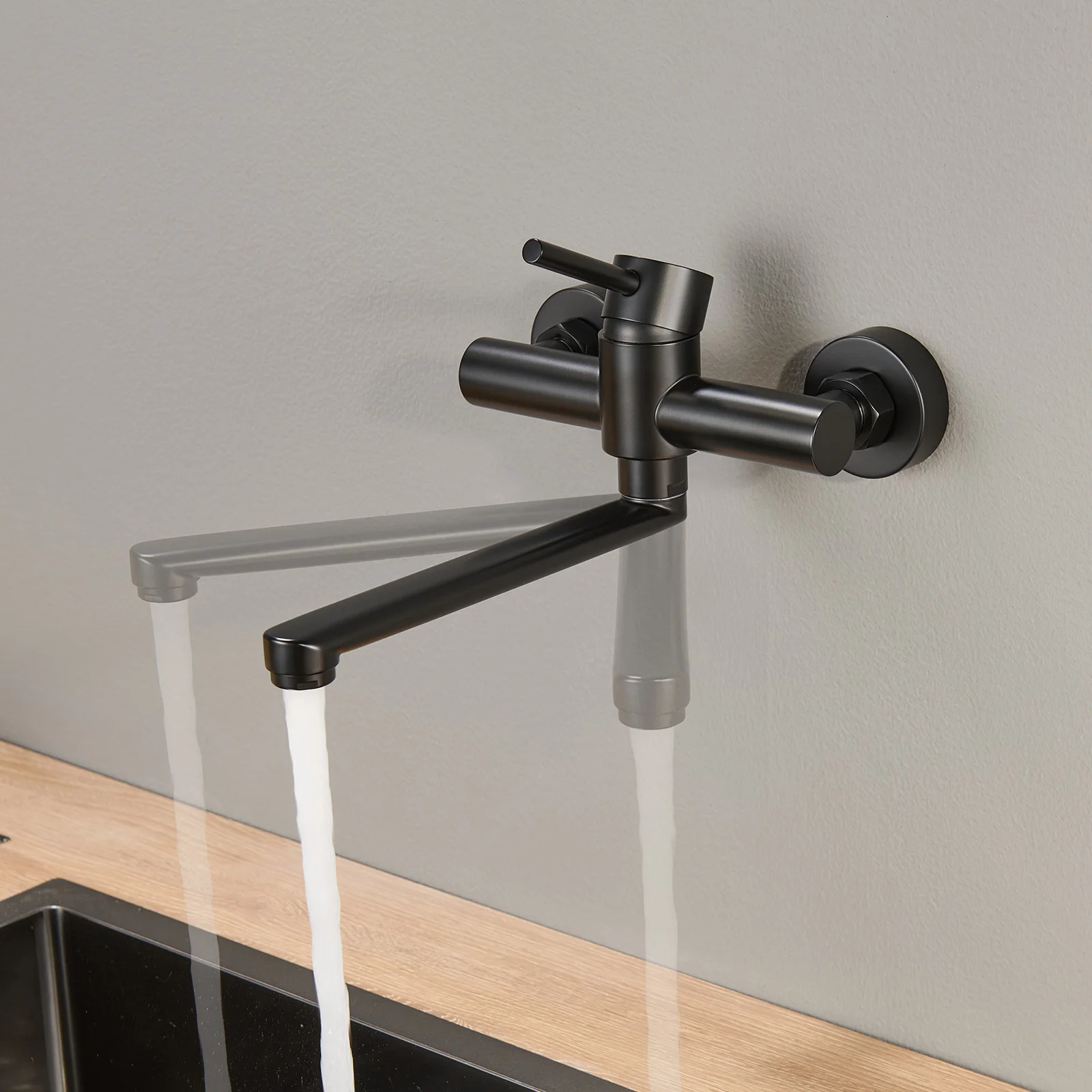 Küchenarmatur Schwarz, Wandmontage Wasserhahn Küche 360° Drehbar, Wassersparend Kalt Warmwasser Edelstahl 304, Einhandmischer mit Luftsprudler, Spültischarmatur Modernes Design Ersatzhahn