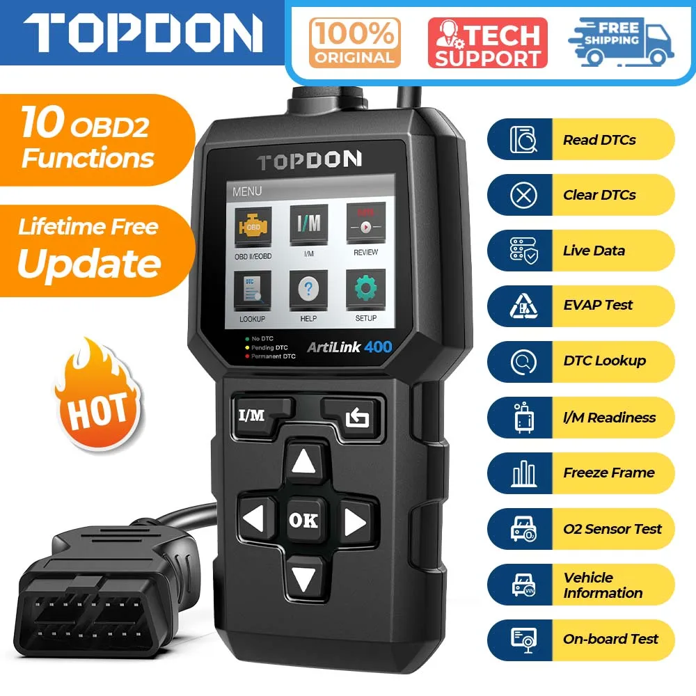 TOPDON AL400 Lecteur de codes OBD2, outil de diagnostic, lecteur de codes Artilink400, outils de réparation automobile, lecteur de codes OBDII complet, scanner automobile avec recherche de codes DTC,