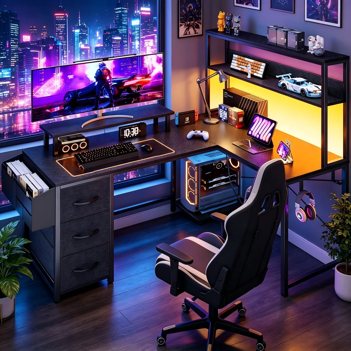 L-förmiger Schreibtisch mit Schrank, Gaming-Schreibtisch mit LED-Beleuchtung, Computertisch mit Steckdose, Schreibtisch mit Schublade und Bildschirmhalterung