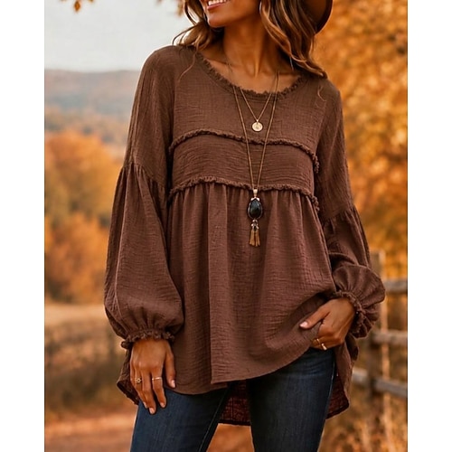 Per donna Camicia Boho Nappa Bohemien Attivo Vacanza Manica Lunga Girocollo Top lunghi Casuale Quotidiano Weekend Blu Nero Vino Viola Marrone Primavera Autunno Inverno