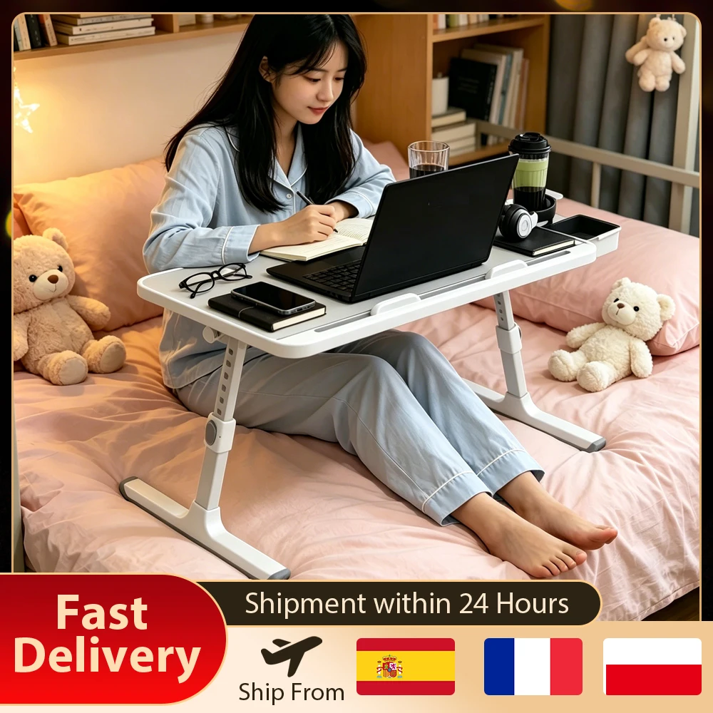Klappbarer Laptoptisch für Bett und Sofa, verstellbarer Laptop-Betttisch, Betttablett mit Getränkehalter und Schublade, ergonomisches Design, 8-stufige Höhenverstellung