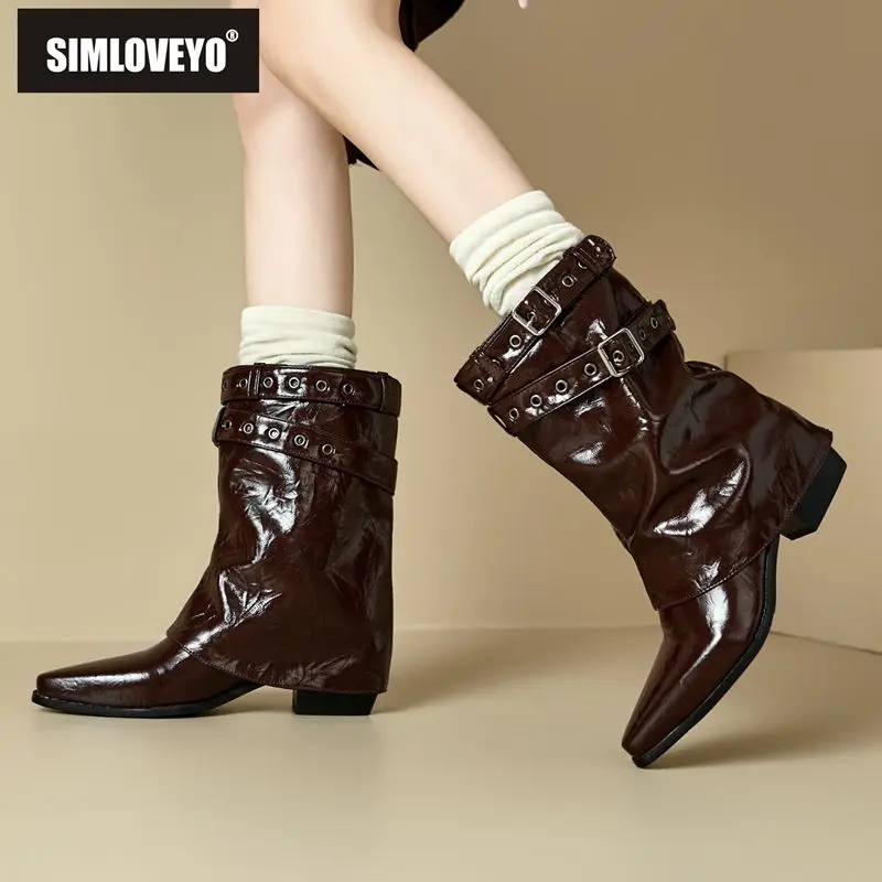 SIMLOVEYO 2025 Winter-Stil Damen-Schuhe mit mittlerer Wade, spitze Zehen, Blockabsätze, 5,5 cm, zum Hineinschlüpfen, braun, große Größe 46 47 48