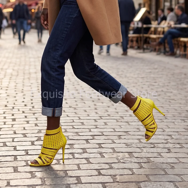 Gelbe Cut-Out Gladiator Sandalen für Damen, Stiletto High Heels mit Reißverschluss hinten, Sommer Outdoor Date Night Slides, Große Größen 43 44 45 Schuhe