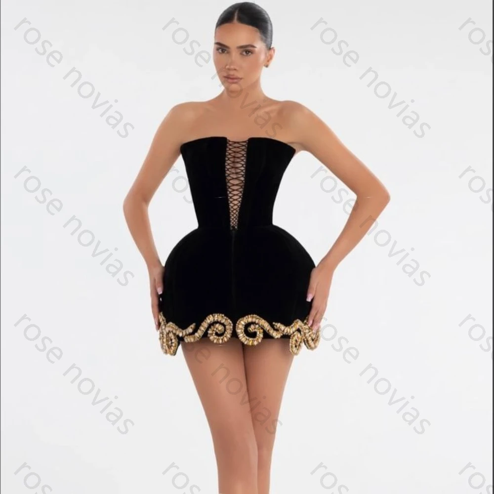 Customized Black Evening Dress Strapless Velvet Lace-Up Rhinestone A-Line Mini for Women Prom Homecoming Bachelorette Party