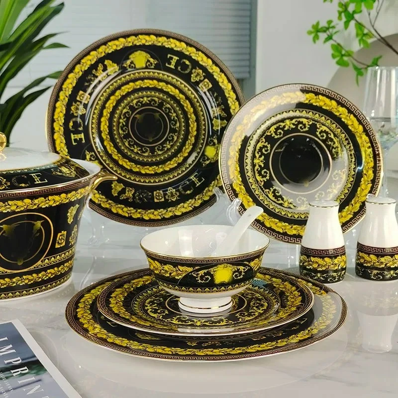 saucers, and trays, afternoon tea sets, household bone porcelain tableware moving Black tableware, light luxury bowls