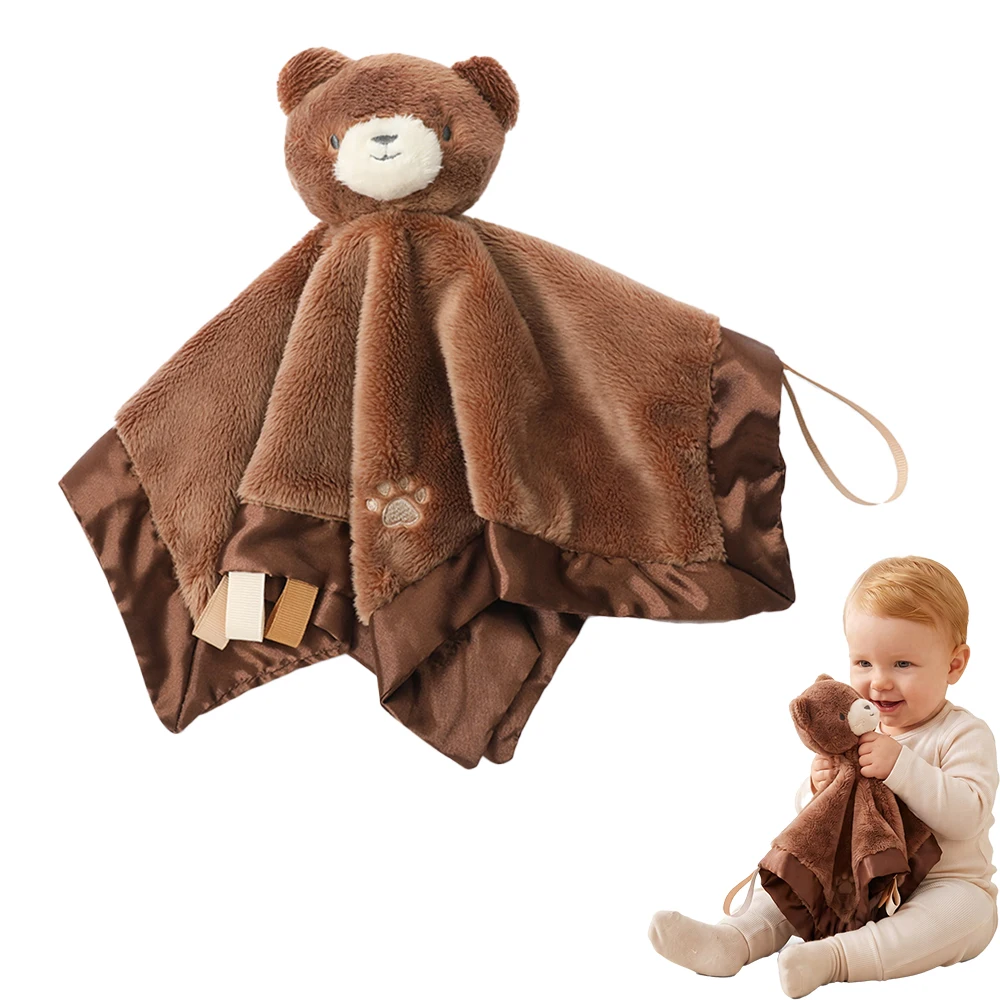 Satin-Bären-Sicherheitsdecke Weiches Baby-Spielzeug Plüsch Doppelseitige Textur Band Taktiles Sensorisches Spielzeug 0-12 Monate Neugeborenen-Babyparty-Geschenk
