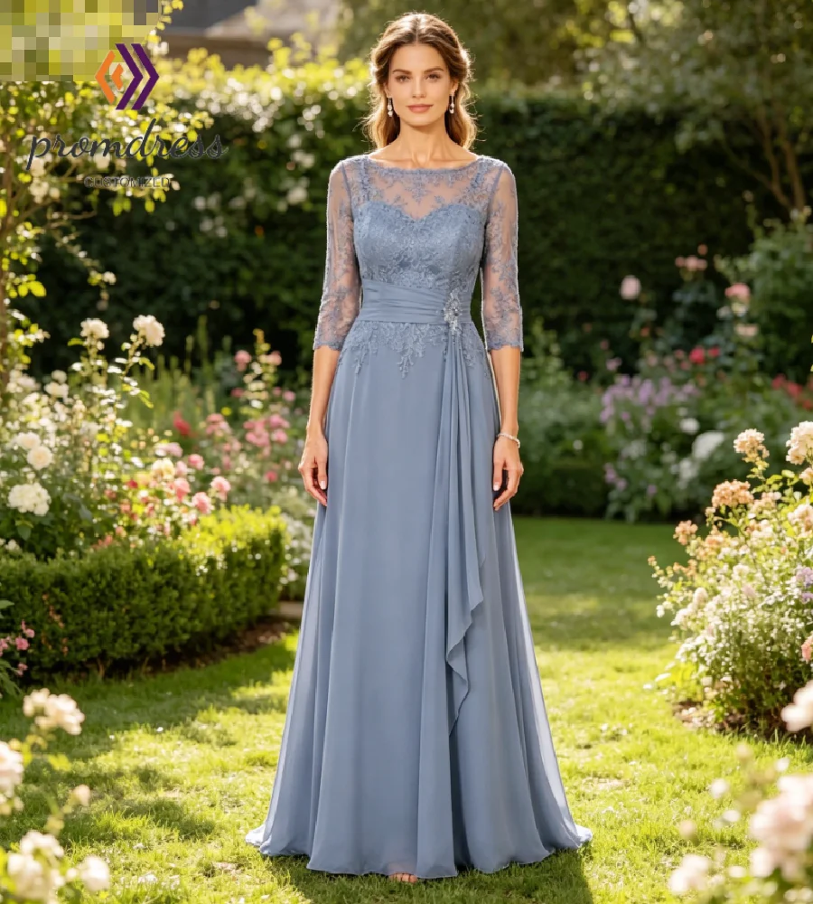 Elegant Dusty Blue Mother Of The Bride Dresses 2026 Chiffon 3/4 Sleeve Beaded Sash Floor Length Formal Wedding Guest Mom Evening