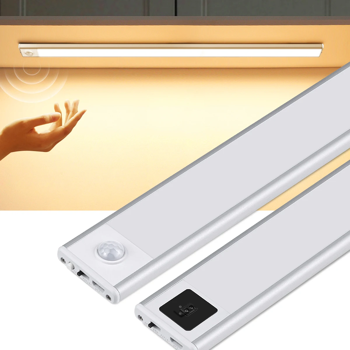 Ultradünne USB-LED-Schrankbeleuchtung mit Handbewegungs-/PIR-Bewegungssensor, wiederaufladbare Aluminium-Küchenlampe, tragbare Nachtbeleuchtung