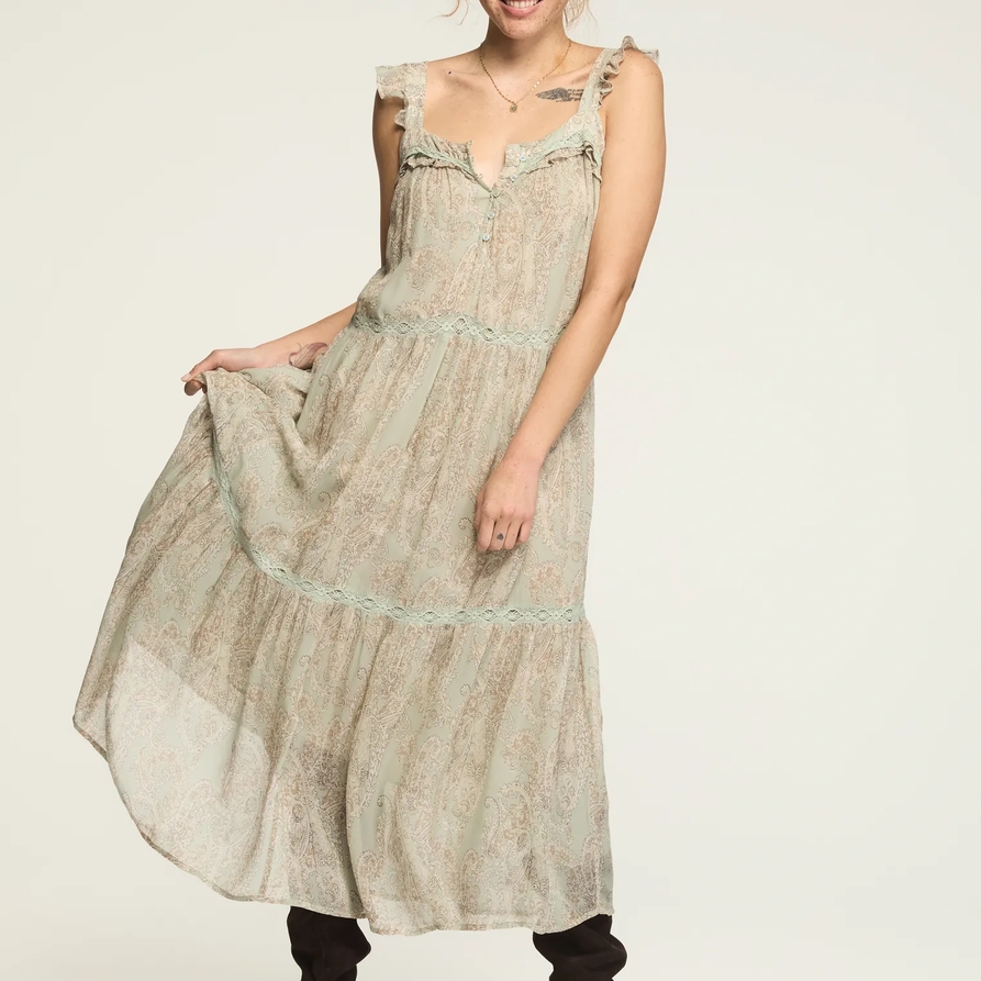 Lucky Brand Tiered Henley Maxi Dress - Women's Clothing Dresses Maxi Dress in Blue Paisley, Size S - Lucky Brand