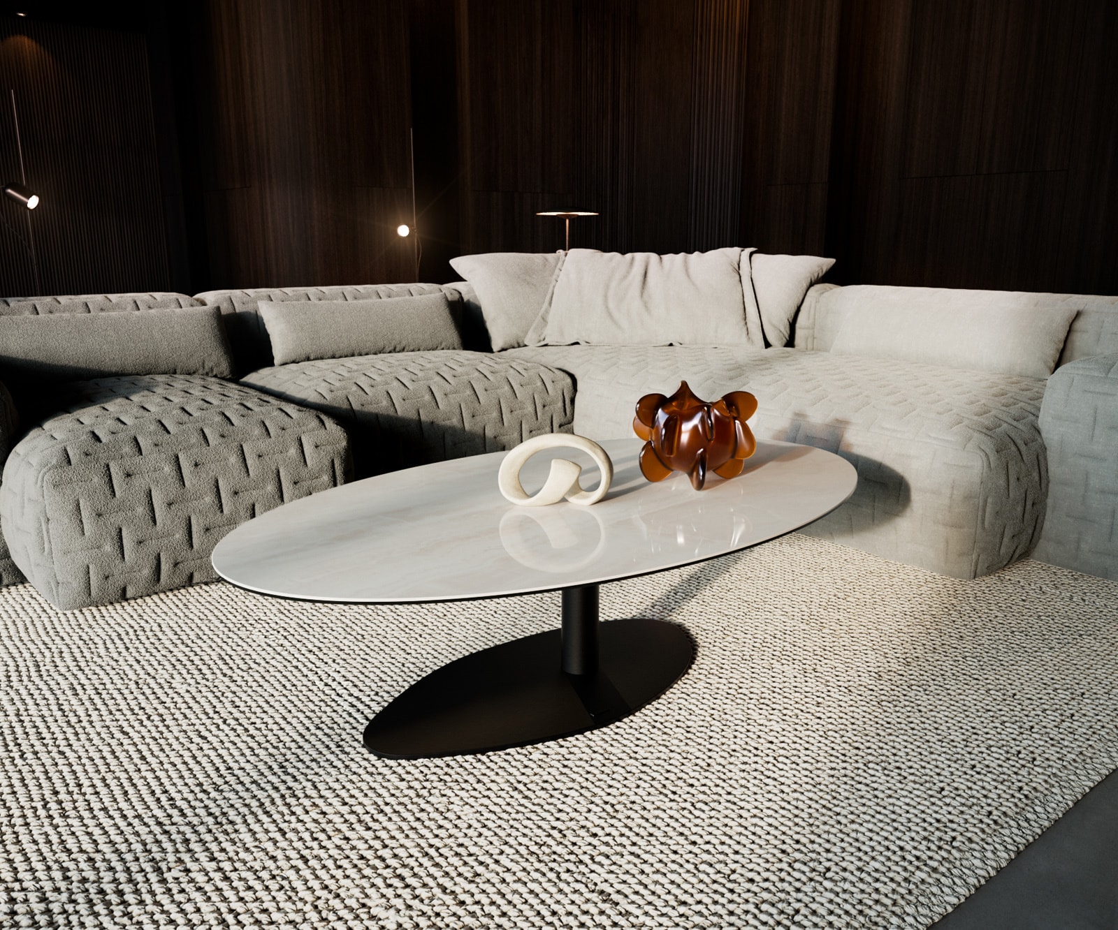 DELIFE Couchtisch Edge Oval 140x80 cm Keramik Onyx Champagne Vibany Metall Schwarz, Couchtische