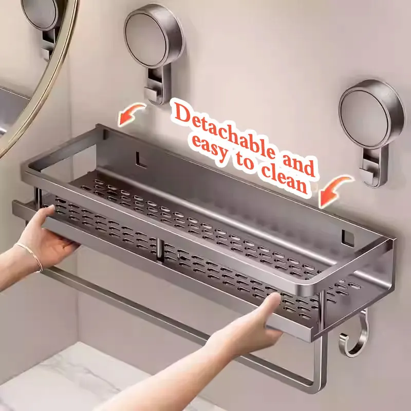 Support adhésif pour salle de bain, sans perceuse, ventouse, étagère de salle de bain, toilettes, support suspendu en aluminium, organisateur de salle de bain, accrocher au mur