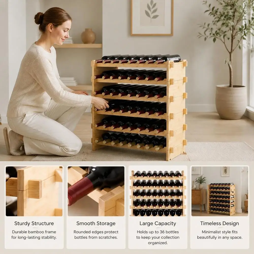 Casier à vin pour 48 bouteilles, casier à bouteilles en bambou avec 6 compartiments, casier à vin vintage en métal empilable pour cave, bar, entrepôt, etc. Porte-bouteilles, casier à vin, capacité de charge de 60 kg