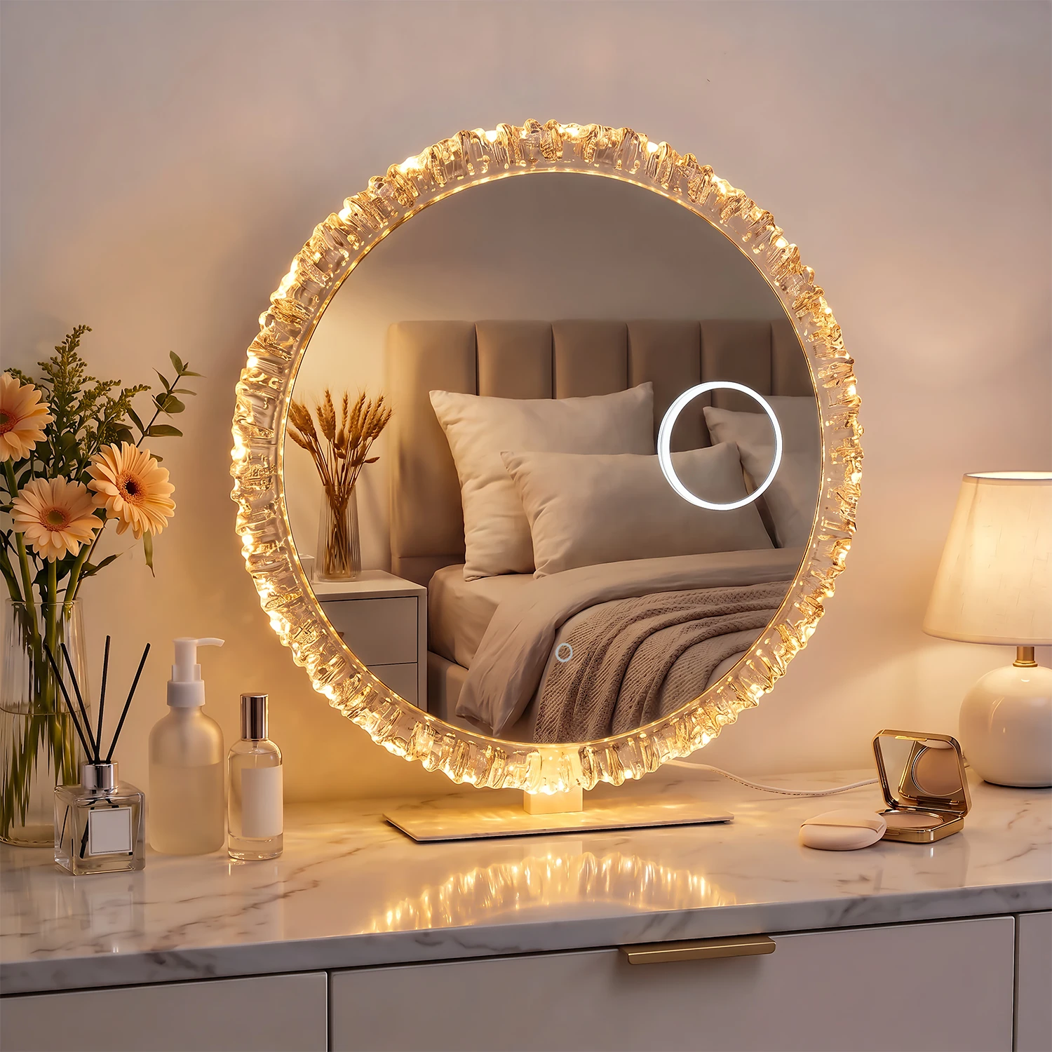 Kosmetikspiegel Schminkspiegel mit LED-Beleuchtung, Dreifarbige stufenlose Dimmung, Helligkeit einstellbar, 10-fache Vergrößerung, Rund, Drehbar
