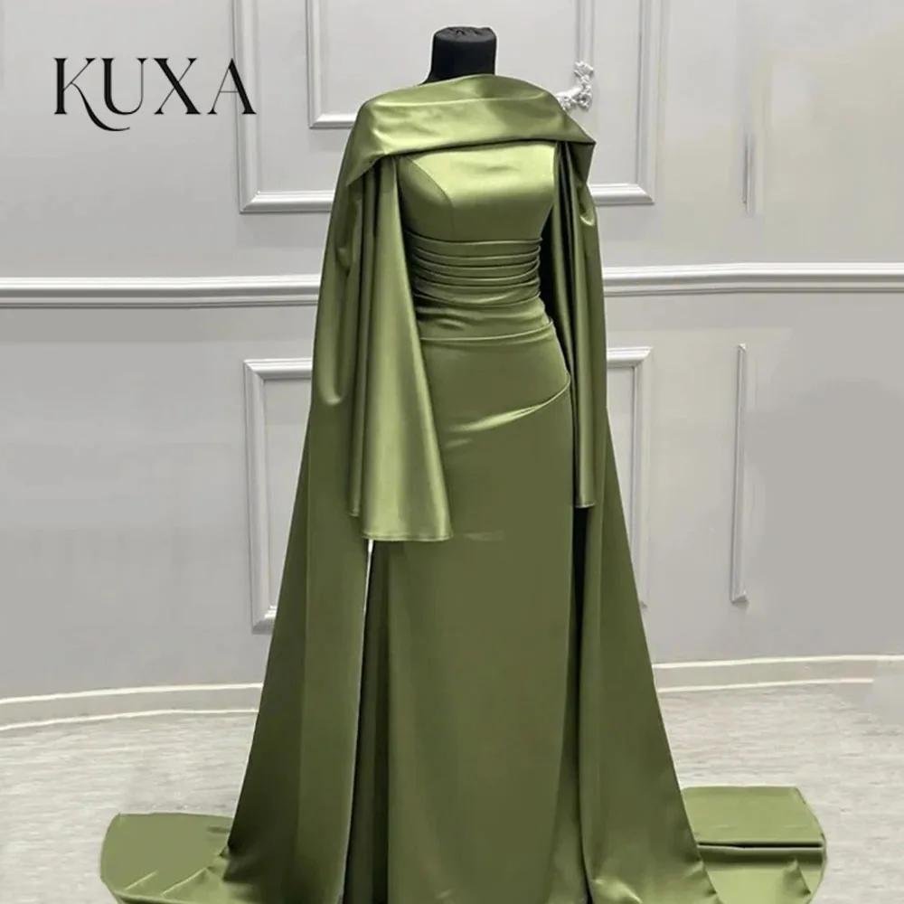 KUXA Customized Elegant Olive Green Evening Dresses Muslim Formal Dresses Shawl Satin Arabia Long Sleeves Evening Gowns 2026