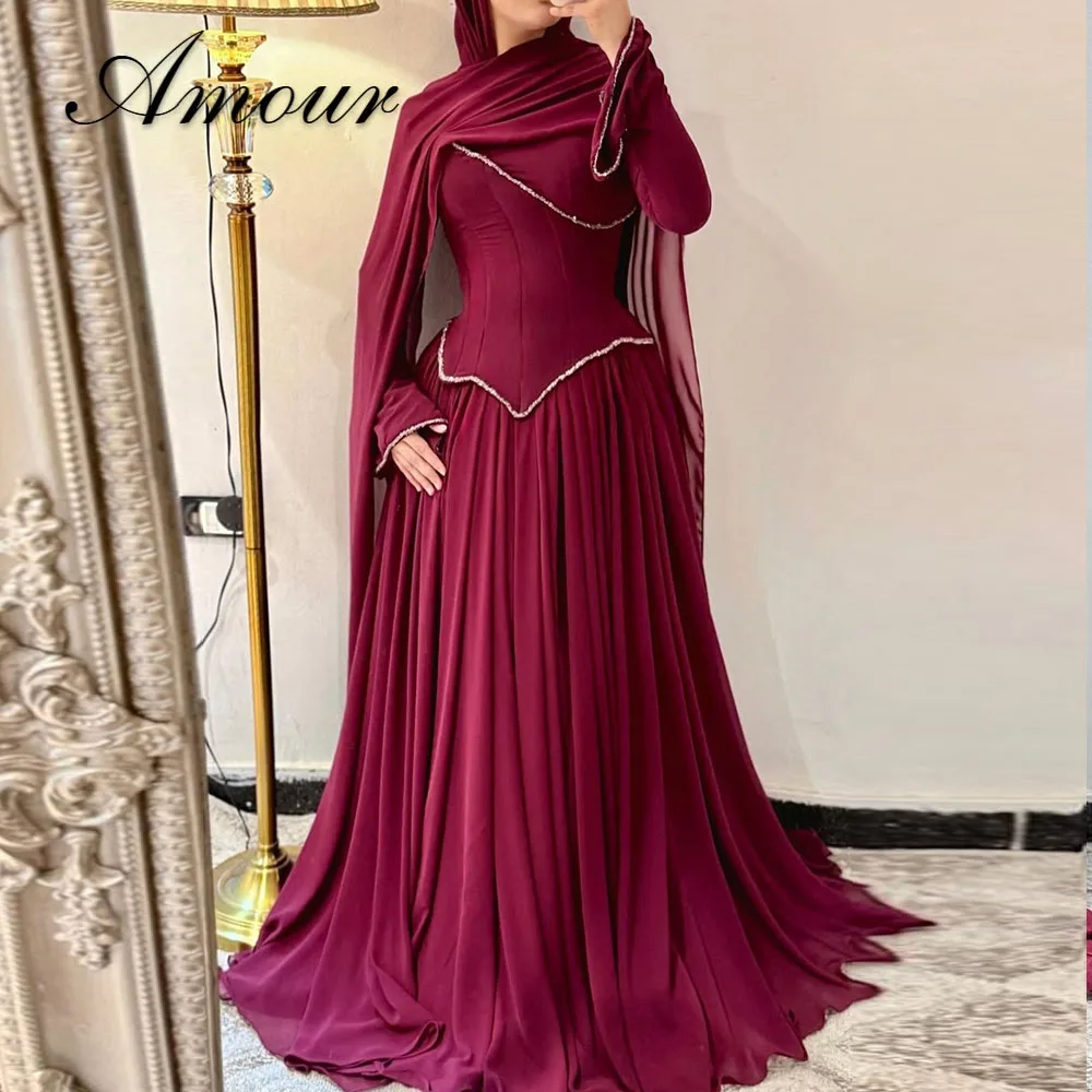 Amour Customized Luxury Evening Dress Long Sleeves High Collar A Line Pleated Evening Gowns for Women Crystal Saudi Formal Dress