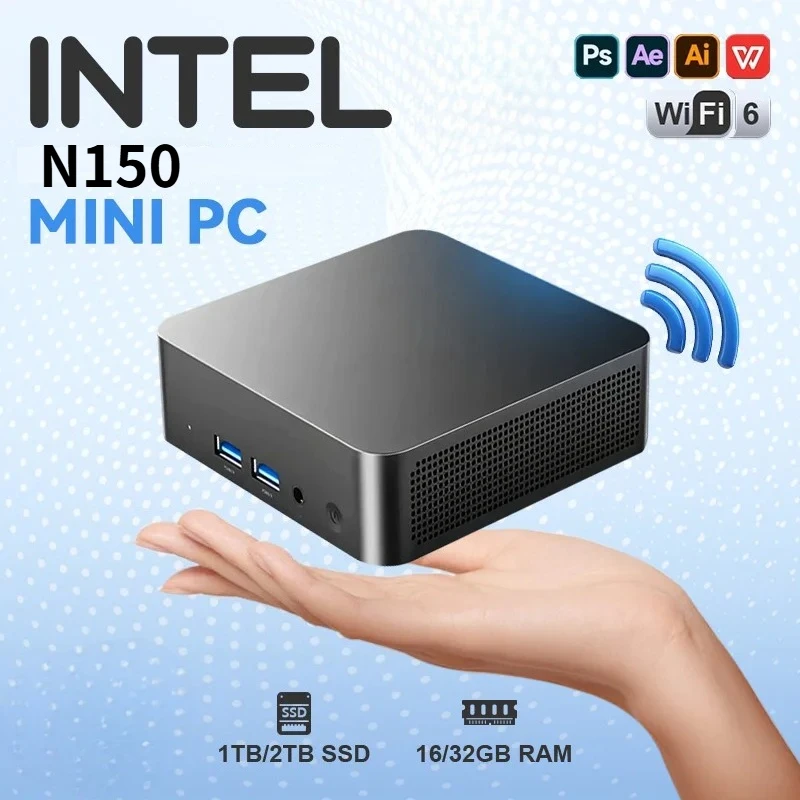 Mini-PC Intel Core N150 Tragbarer Computer 16GB RAM 1/2TB SSD WIFI 6 BT5.2 4K 60Hz HD Gaming Büro Studien-PC