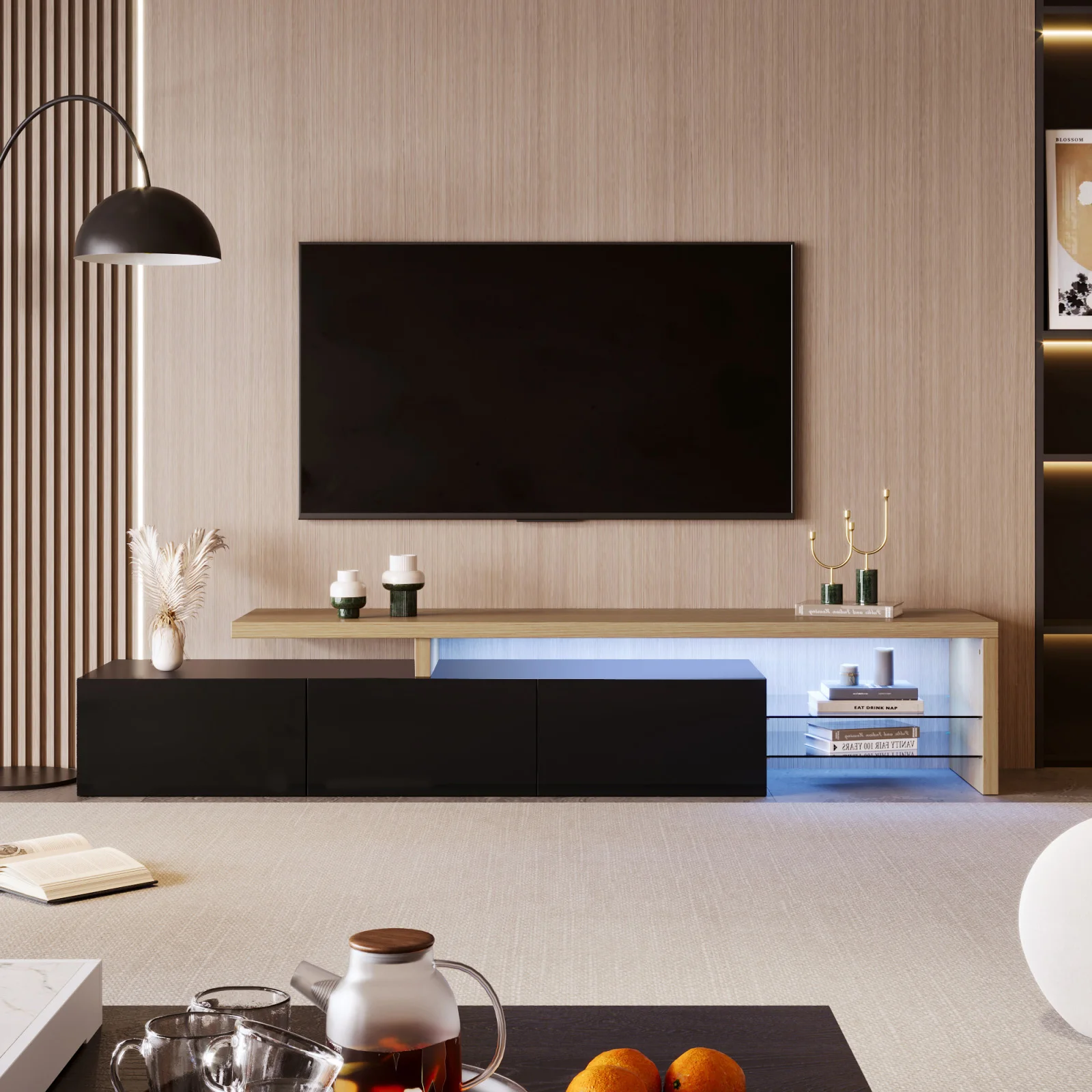 Rosahqnda Moderner TV-Schrank für Wohnzimmer, Holz-TV-Lowboard, Sideboard, mit LED-Beleuchtung, 2 Glasabtrennungen, 3 Schränke, Weiß/Schwarz Hochglanz